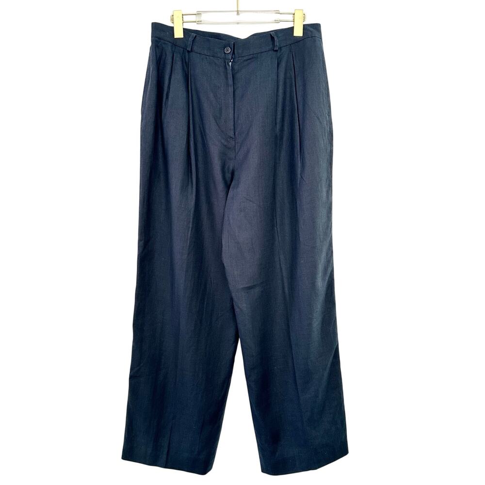 Lauren Ralph Lauren Vintage Linen Pleated Pant Women 16 Navy Wide Leg Pockets‎